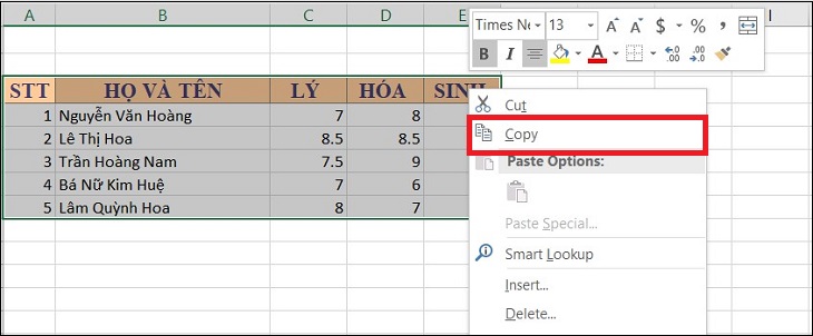 Chuyển file Excel sang Word bước chọn dữ liệu